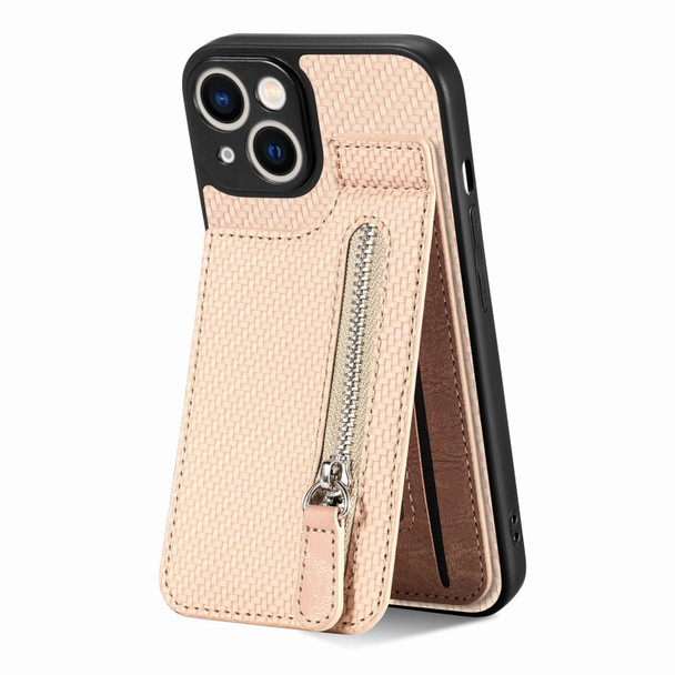 For iPhone 14 Carbon Fiber Vertical Flip Zipper Phone Case(Khaki)
