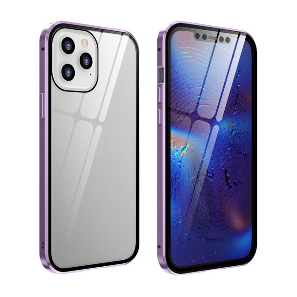 Double Sides Tempered Glass Magnetic Adsorption Metal Frame HD Screen Case - iPhone 12 / 12 Pro(Light Purple)