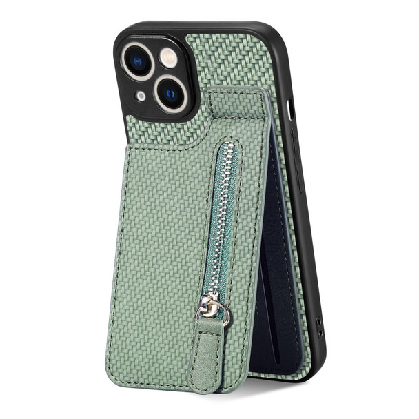 For iPhone 13 mini Carbon Fiber Vertical Flip Zipper Phone Case(Green)