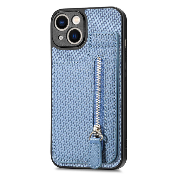 For iPhone 13 Carbon Fiber Vertical Flip Zipper Phone Case(Blue)