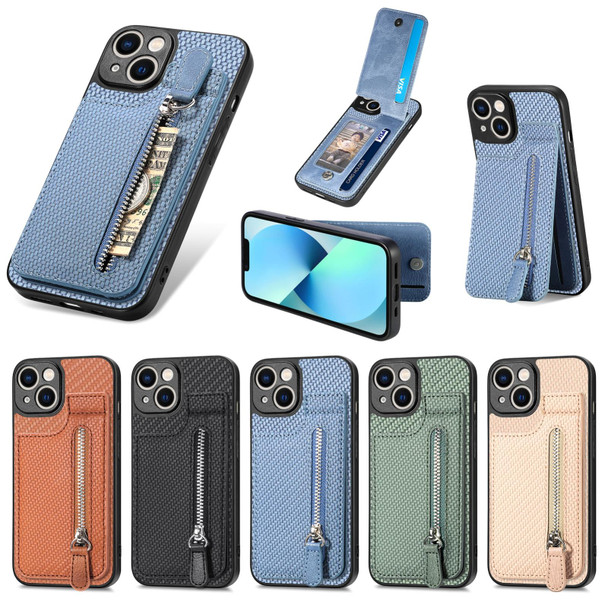 For iPhone 13 Carbon Fiber Vertical Flip Zipper Phone Case(Blue)