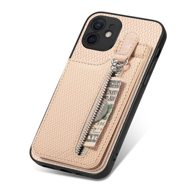 For iPhone 12 Carbon Fiber Vertical Flip Zipper Phone Case(Khaki)