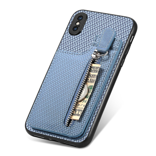 For iPhone XS Max Carbon Fiber Vertical Flip Zipper Phone Case(Blue)