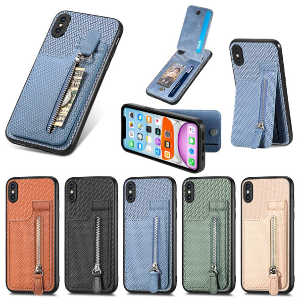 For iPhone XS Max Carbon Fiber Vertical Flip Zipper Phone Case(Brown)