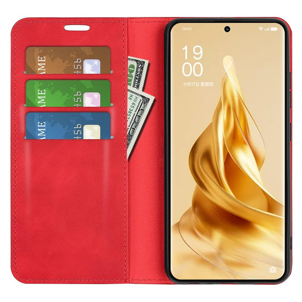 For OPPO Reno9 Pro+ Retro-skin Magnetic Suction Leatherette Phone Case(Red)