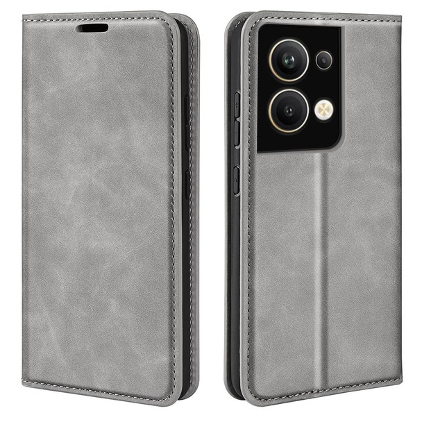 For OPPO Reno9 Pro+ Retro-skin Magnetic Suction Leatherette Phone Case(Grey)