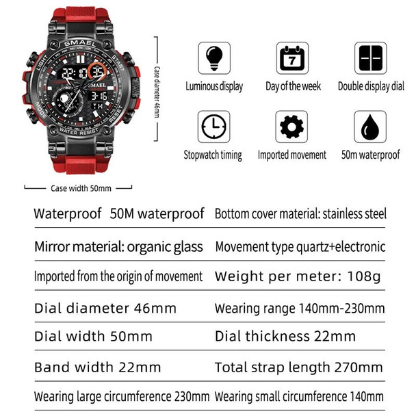 SMAEL 1803B Outdoor Waterproof Multifunctional Alloy Sports Watch(Red)