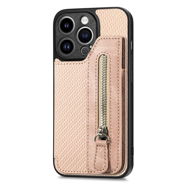 For iPhone 13 Pro Carbon Fiber Horizontal Flip Zipper Wallet Phone Case(Khaki)