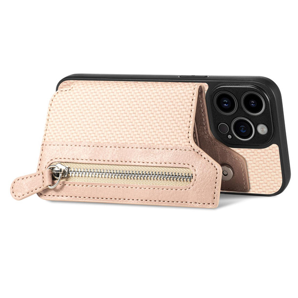 For iPhone 13 Pro Carbon Fiber Horizontal Flip Zipper Wallet Phone Case(Khaki)