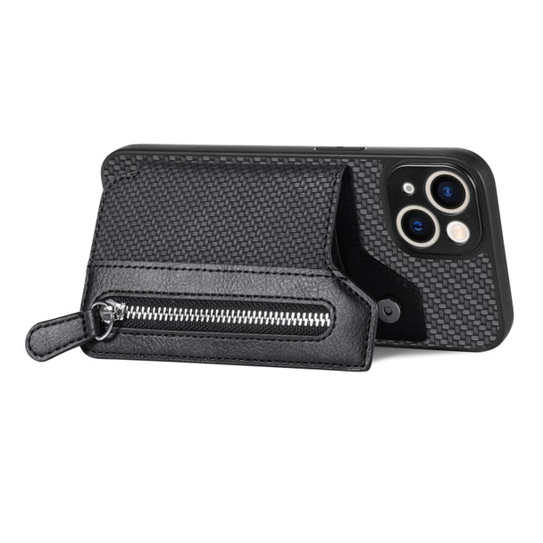 For iPhone 13 mini Carbon Fiber Horizontal Flip Zipper Wallet Phone Case(Black)