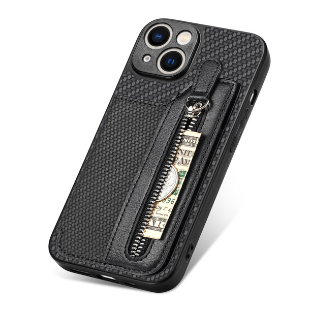 For iPhone 13 mini Carbon Fiber Horizontal Flip Zipper Wallet Phone Case(Black)