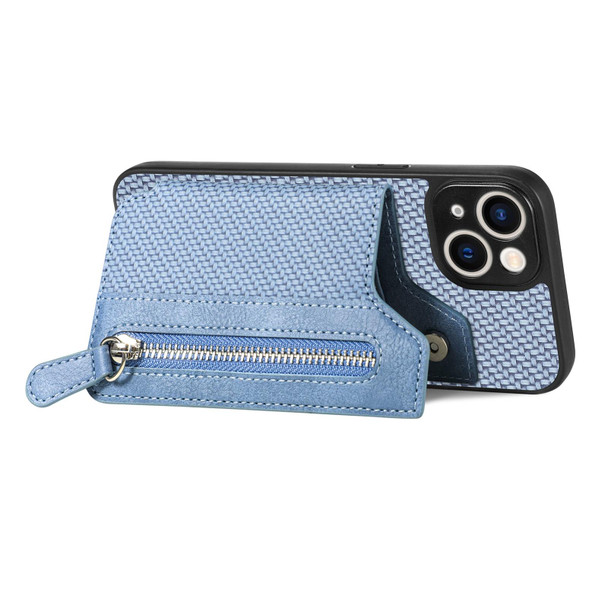 For iPhone 13 mini Carbon Fiber Horizontal Flip Zipper Wallet Phone Case(Blue)