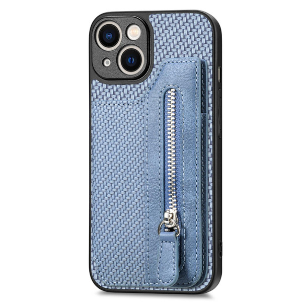 For iPhone 13 mini Carbon Fiber Horizontal Flip Zipper Wallet Phone Case(Blue)