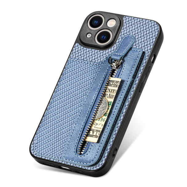 For iPhone 13 mini Carbon Fiber Horizontal Flip Zipper Wallet Phone Case(Blue)