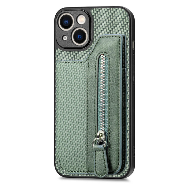 For iPhone 13 mini Carbon Fiber Horizontal Flip Zipper Wallet Phone Case(Green)