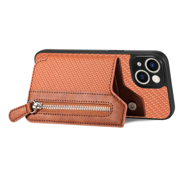 For iPhone 13 mini Carbon Fiber Horizontal Flip Zipper Wallet Phone Case(Brown)