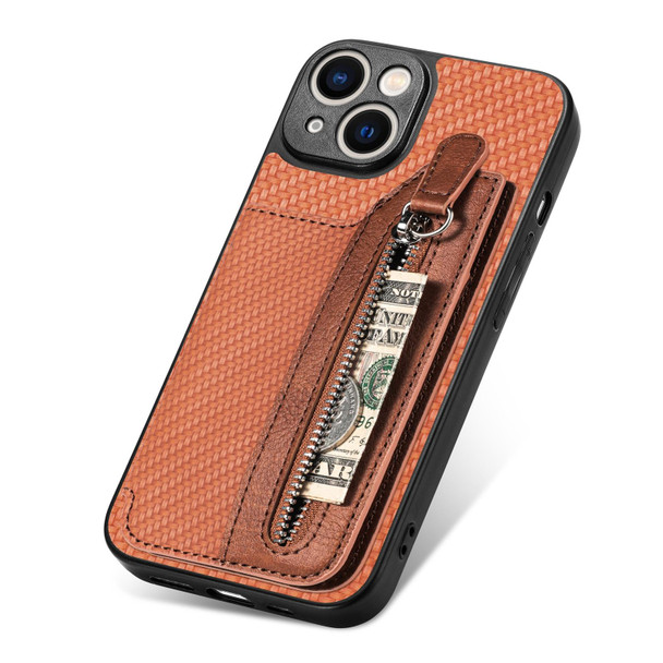 For iPhone 13 mini Carbon Fiber Horizontal Flip Zipper Wallet Phone Case(Brown)