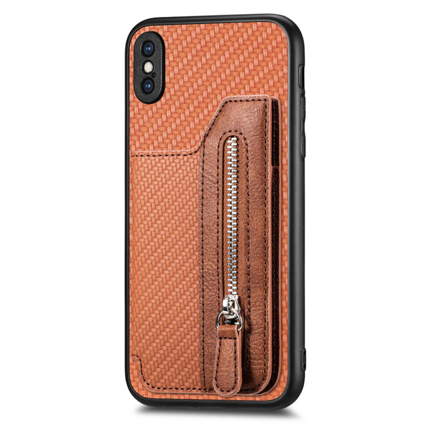 For iPhone X / XS Carbon Fiber Horizontal Flip Zipper Wallet Phone Case(Brown)