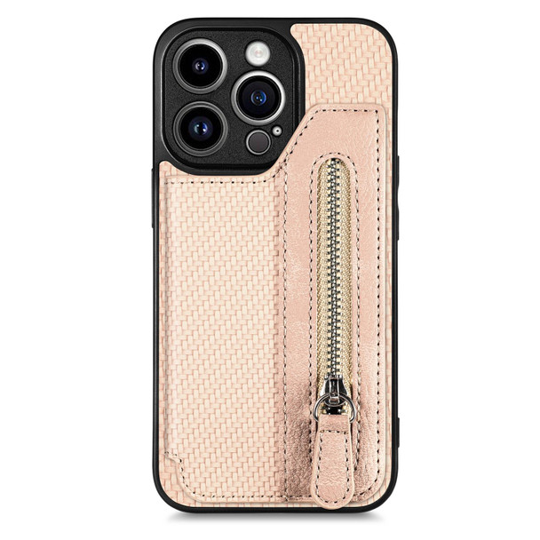 For iPhone 13 Pro Max Carbon Fiber Horizontal Flip Zipper Wallet Phone Case(Khaki)