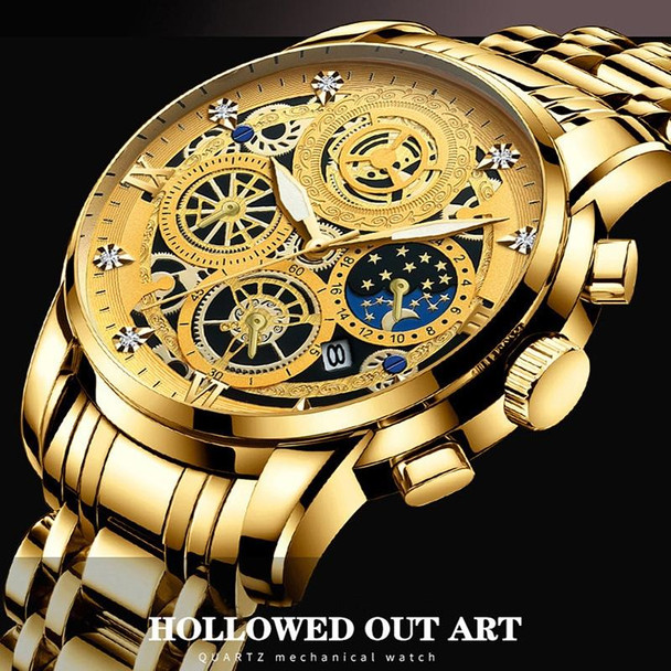 BINBOND 4010 Multifunctional Waterproof Hollowed Luminous Quartz Watch(Inter-gold White Surface)