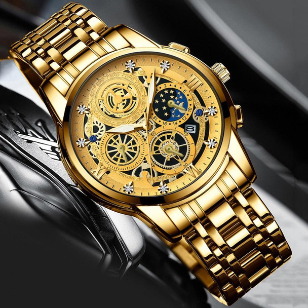 BINBOND 4010 Multifunctional Waterproof Hollowed Luminous Quartz Watch(Inter-gold White Surface)