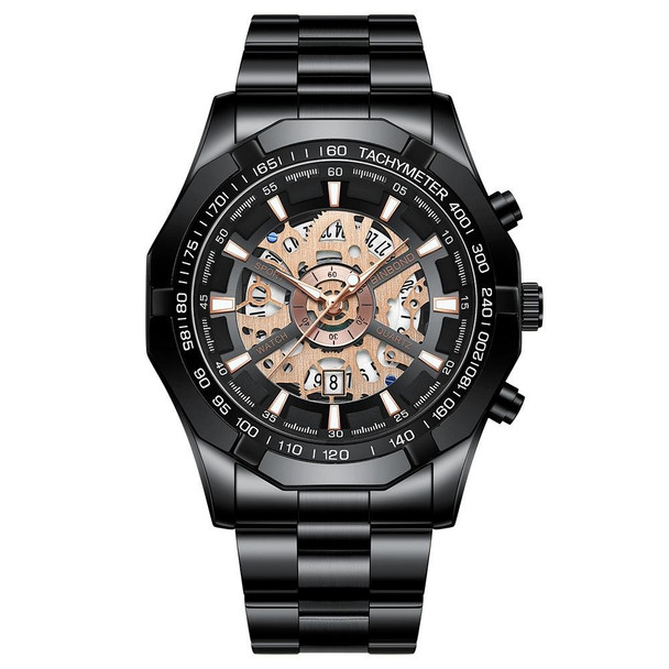 BINBOND S033 Hollowed Mechanical 30m Waterproof Luminous Quartz Watch, Color: Black Steel-Black-Rose Gold