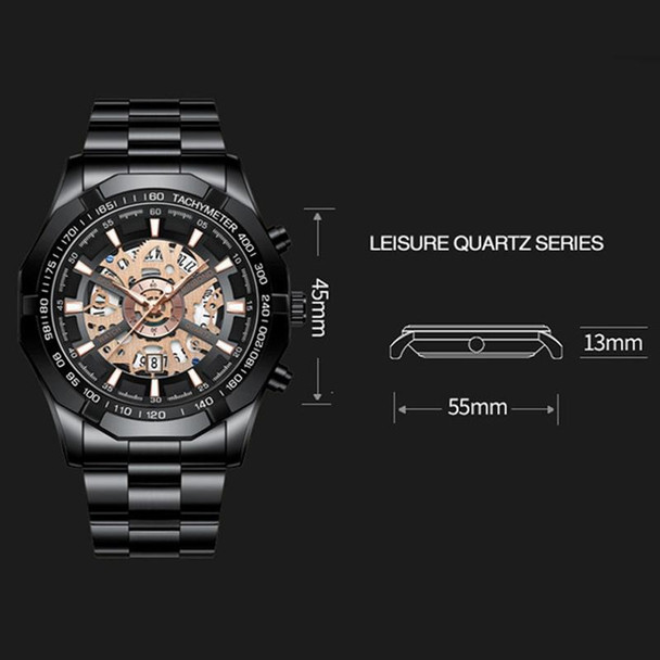 BINBOND S033 Hollowed Mechanical 30m Waterproof Luminous Quartz Watch, Color: Black Steel-Black-Rose Gold