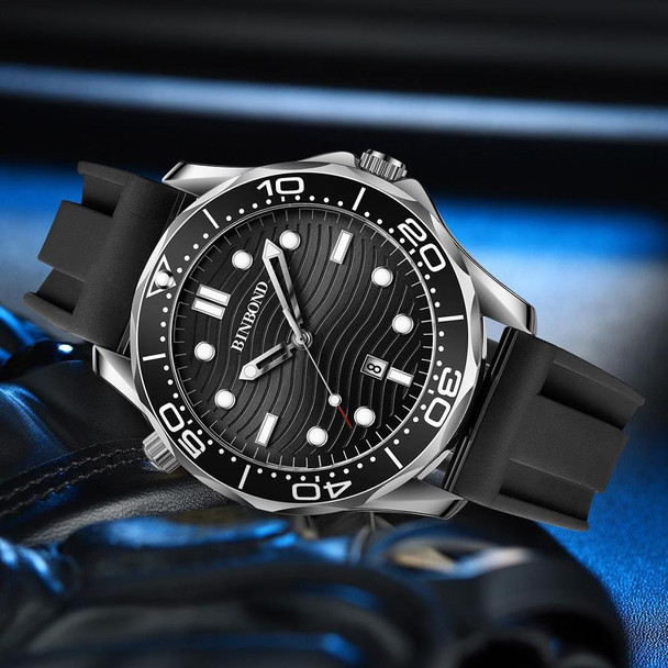 Black Silicon Black Steel Black BINBOND B2820 Luminous 30m Waterproof Men Sports Quartz Watch