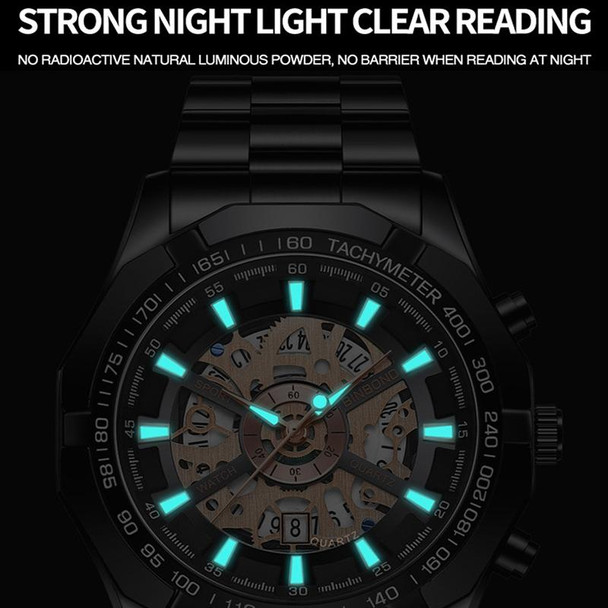 BINBOND S033 Hollowed Mechanical 30m Waterproof Luminous Quartz Watch, Color: Black Steel-Rose Gold-Black