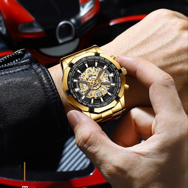BINBOND S033 Hollowed Mechanical 30m Waterproof Luminous Quartz Watch, Color: Black Steel-Rose Gold-Black
