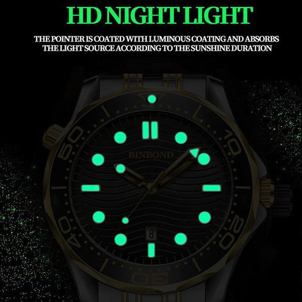 Black Steel Black Surface White BINBOND B2820 Luminous 30m Waterproof Men Sports Quartz Watch