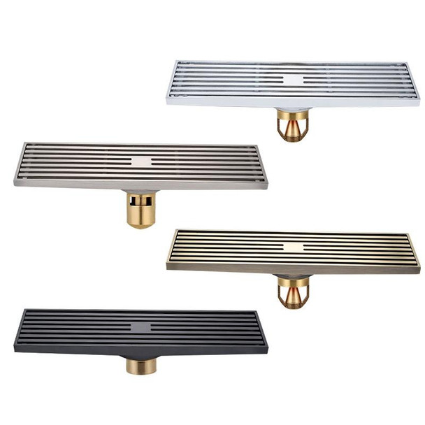 8x30cm Extended Full Copper Strip Floor Drain, Style: K8035 Nickel Brushes+Black Straight Row