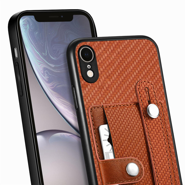 For iPhone XR Wristband Kickstand Card Wallet Back Cover Phone Case with Tool Knife(Brown)