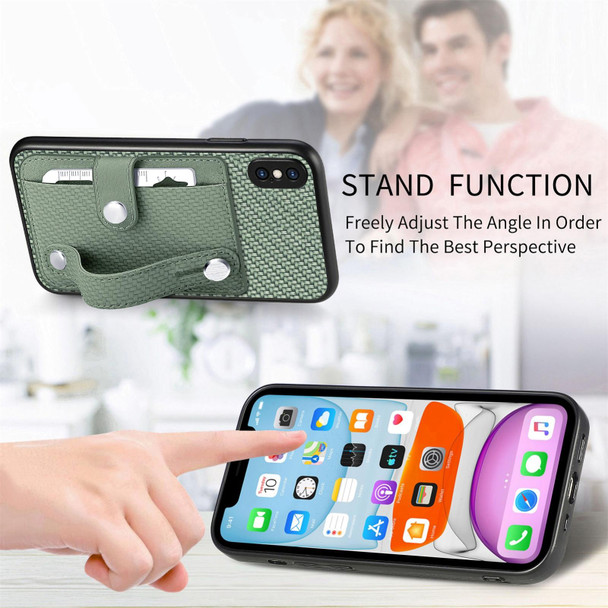 For iPhone X / XS Wristband Kickstand Card Wallet Back Cover Phone Case with Tool Knife(Black)