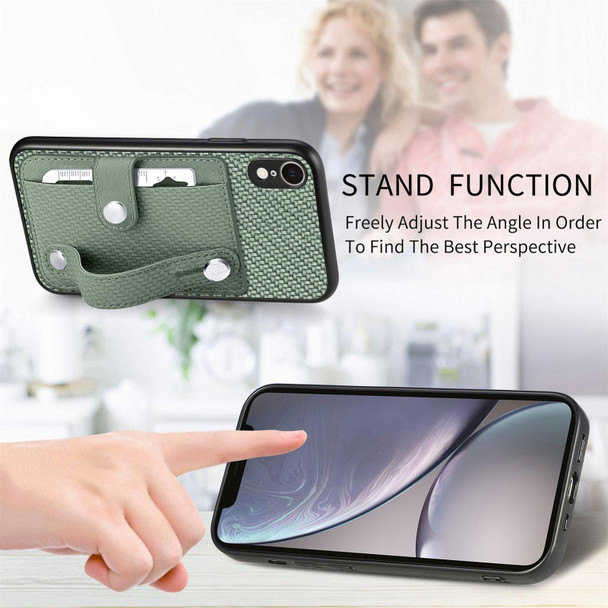 For iPhone XR Wristband Kickstand Card Wallet Back Cover Phone Case with Tool Knife(Green)