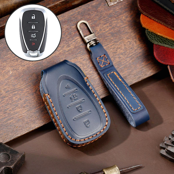 For Chevrolet 4-button Car Cowhide Leatherette Key Protective Cover Key Case (Blue)