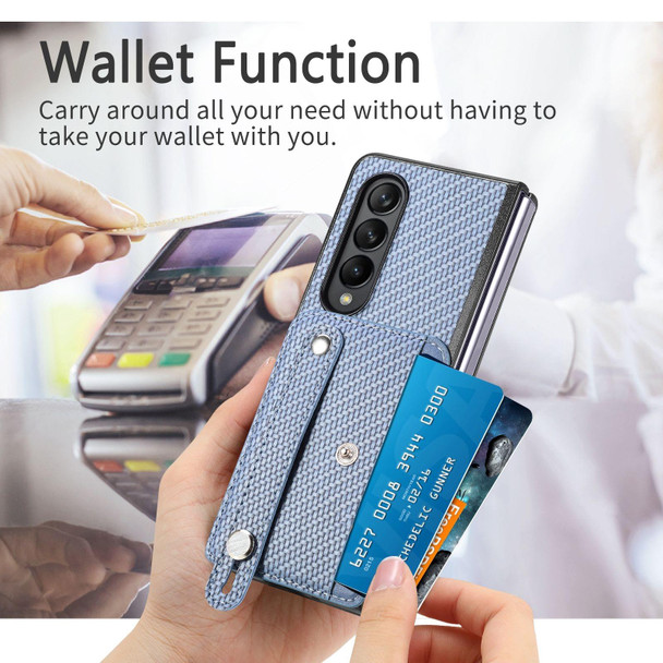 For Samsung Galaxy Z Fold3 Wristband Kickstand Card Wallet Back Cover Phone Case(Blue)