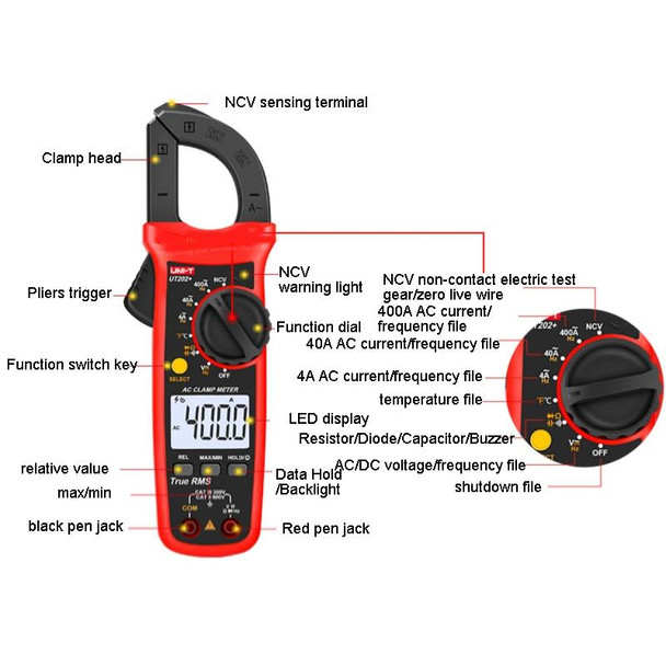 UNI-T UT202+ Digital Clamp Multimeter AC/DC Voltage Detector