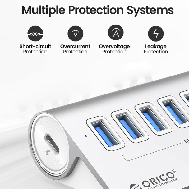 ORICO M3U7-G2 Aluminum Alloy 7-Port USB 3.2 Gen2 10Gbps HUB with 0.5m Cable (Silver)