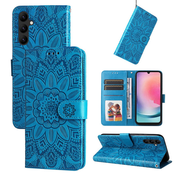 For Samsung Galaxy A24 4G Embossed Sunflower Leatherette Phone Case(Blue)
