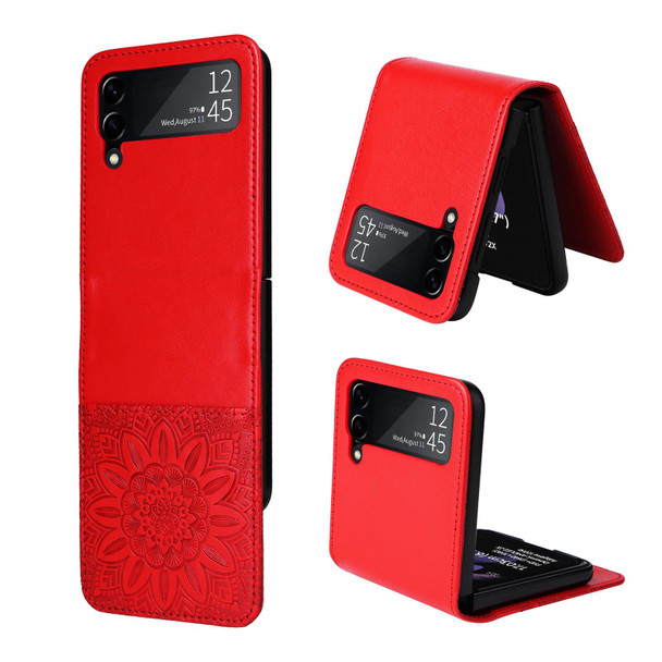 For Samsung Galaxy Z Flip3 5G Embossed Sunflower Leatherette Phone Case(Red)