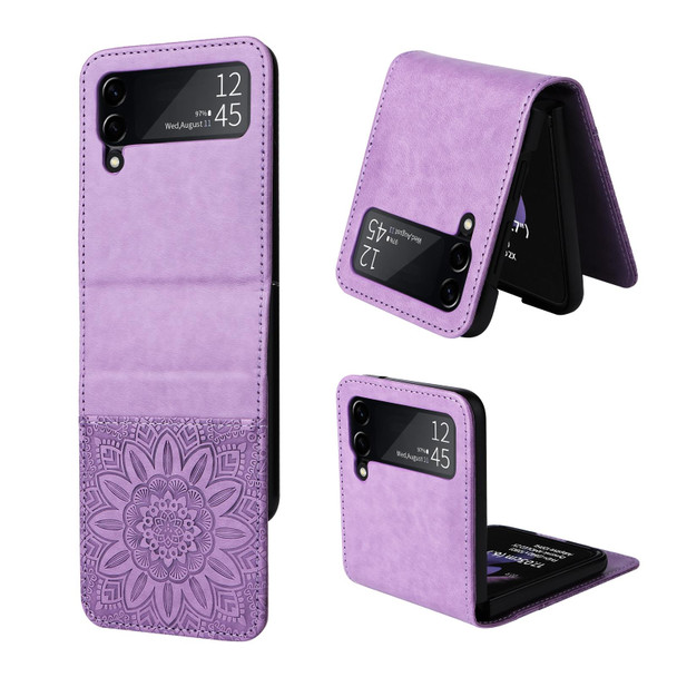 For Samsung Galaxy Z Flip3 5G Embossed Sunflower Leatherette Phone Case(Purple)