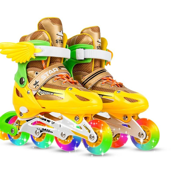 Adjustable Children Full Flash Single Four-wheel Roller Skates Skating Shoes Set, Size : L (Gold)