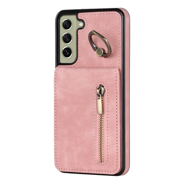 For Samsung Galaxy S22+ 5G Retro Ring and Zipper RFID Card Slot Phone Case(Pink)