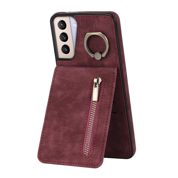 For Samsung Galaxy S21+ 5G Retro Ring and Zipper RFID Card Slot Phone Case(Wine Red)