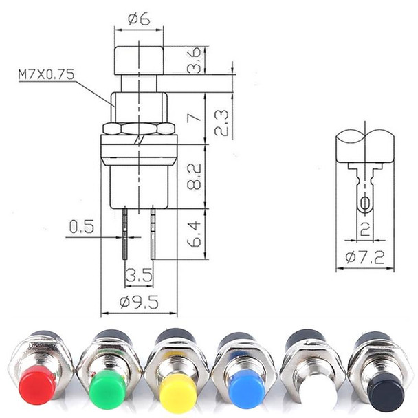 10 PCS 7mm Thread Multicolor 2 Pins Momentary Push Button Switch(Red)