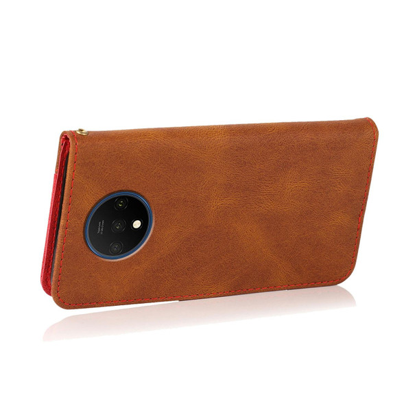 For OnePlus 7T Dual-color Stitching Leatherette Phone Case(Brown Red)