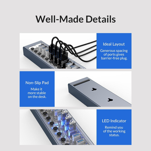 ORICO AT2U3-10AB-GY-BP 10 Ports USB 3.0 HUB with Individual Switches & Blue LED Indicator, EU Plug