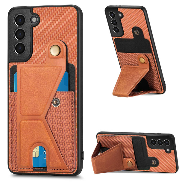 For Samsung Galaxy S21 5G Carbon Fiber Wallet Flip Card K-shaped Holder Phone Case(Brown)