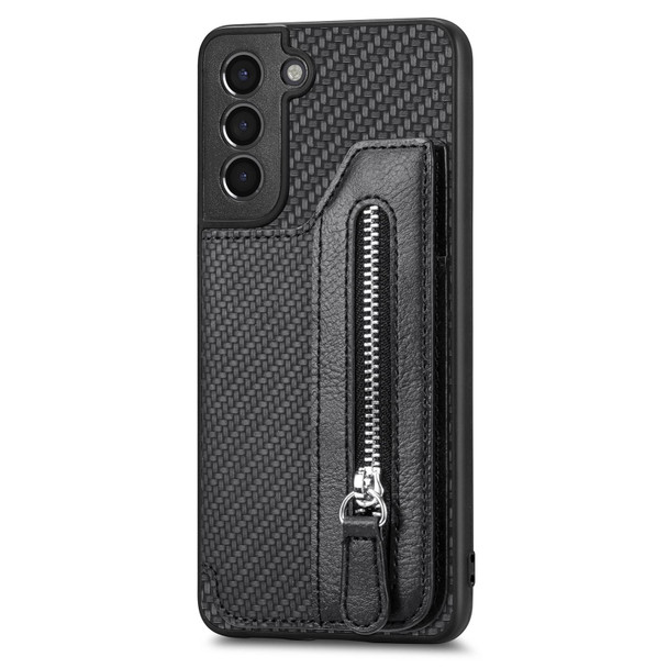 For Samsung Galaxy S21 5G Carbon Fiber Horizontal Flip Zipper Wallet Phone Case(Black)